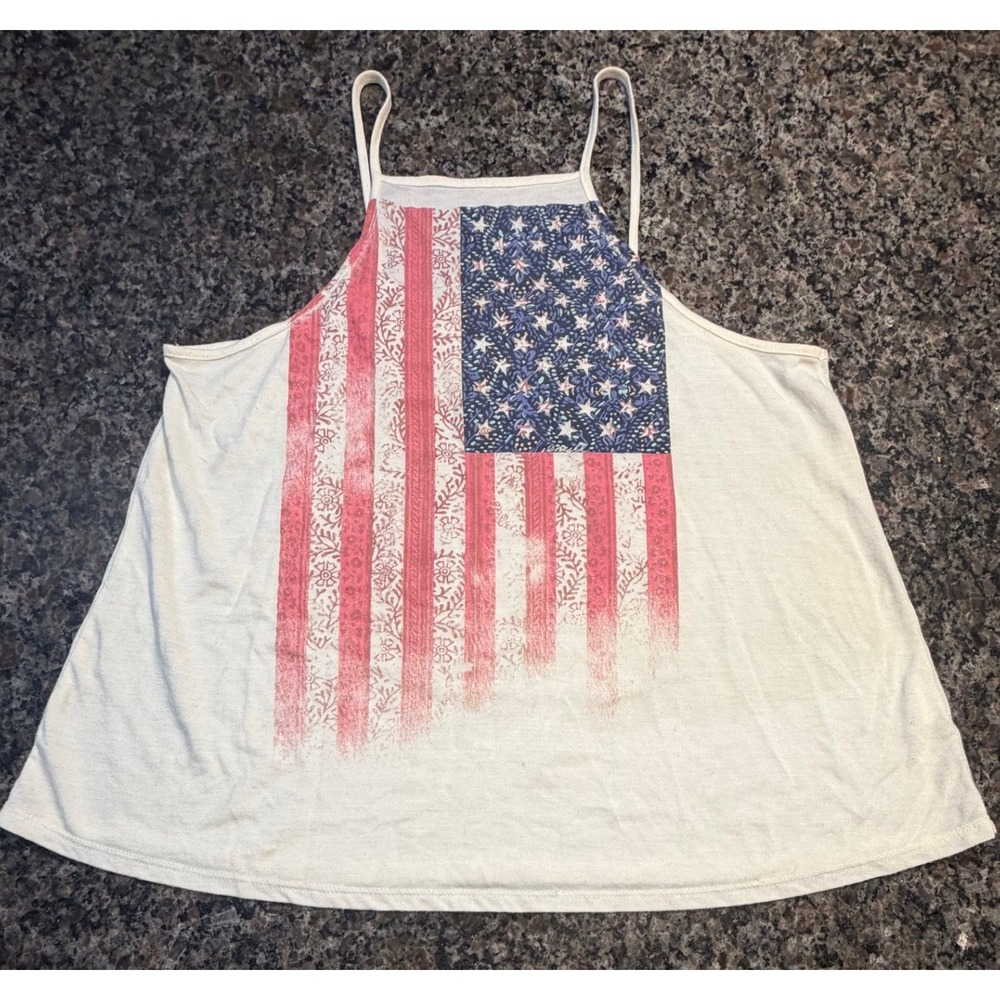O'Neill Womens American Flag Floral Graphic High Neck Tank Top Cream Large